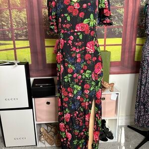 Club Monaco Black Maxi Dress with Red and Green Floral Pattern Sz 12